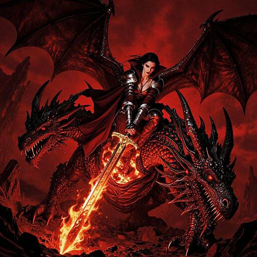 Digital fantasy art: Dark-haired warrior in black armor rides fiery red dragon, wielding glowing sword. Background: Red sky, black bat wings. Intense