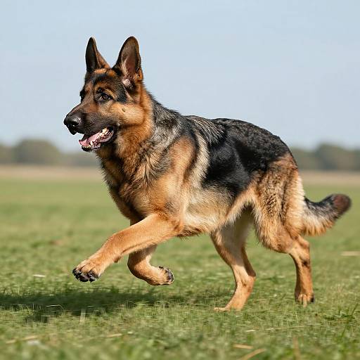 Photograph of a energetic German Shepherd dog mid-stride on a sunny green grass field, with a clear blue sky background.