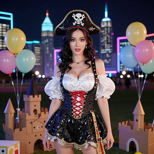 Photograph of a fair-skinned woman with long black hair, wearing a pirate costume with a skull hat, white puffed sleeves, corset,