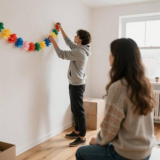Sunlit Room with Colorful Garlands