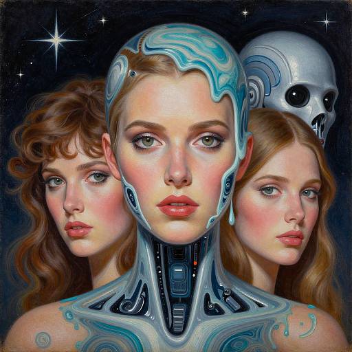 Digital art of three women with cybernetic enhancements, central figure with glowing blue head, flanked by two with wavy hair, skull in background