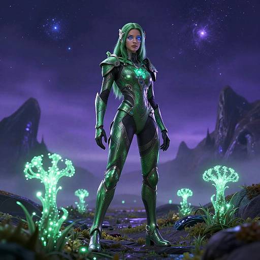 Orion Girl on Alien Bioluminescent Landscape