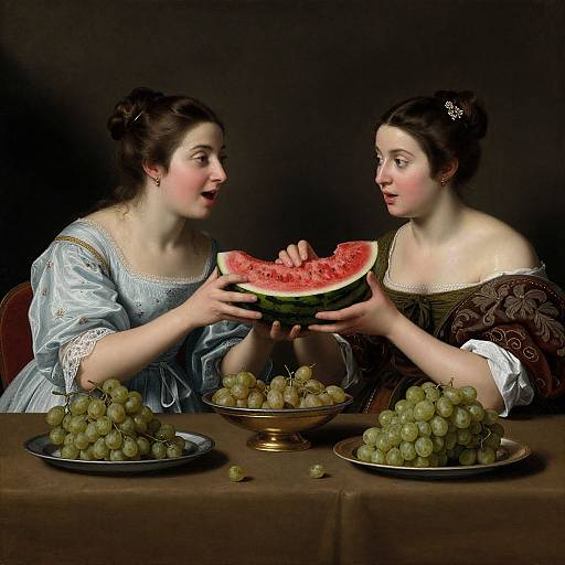 Baroque-style painting of two women in period dresses, holding a halved watermelon, sitting at a table with grapes, dark background.