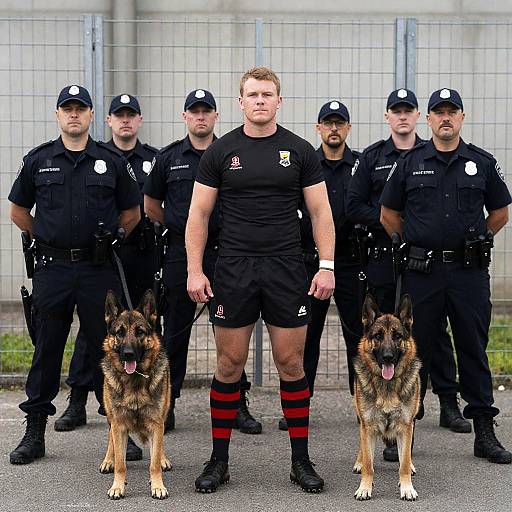 Rugby Player with Police and Dogs