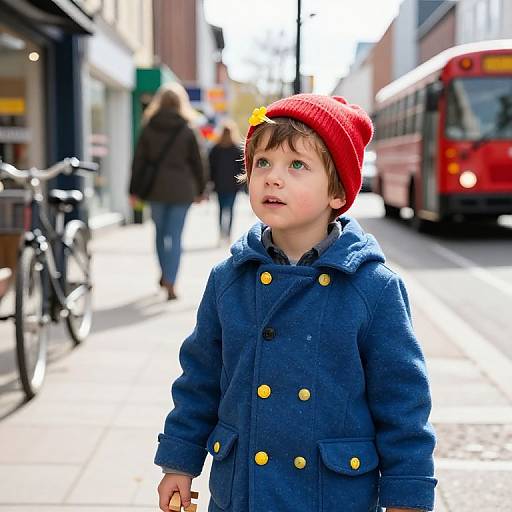 Curious Boy on Sunny City Street