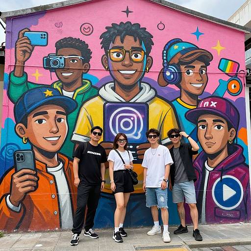Vibrant mural of diverse, smiling young men with colorful clothes and hats, taking selfies, standing in front of a pink wall. Five real people