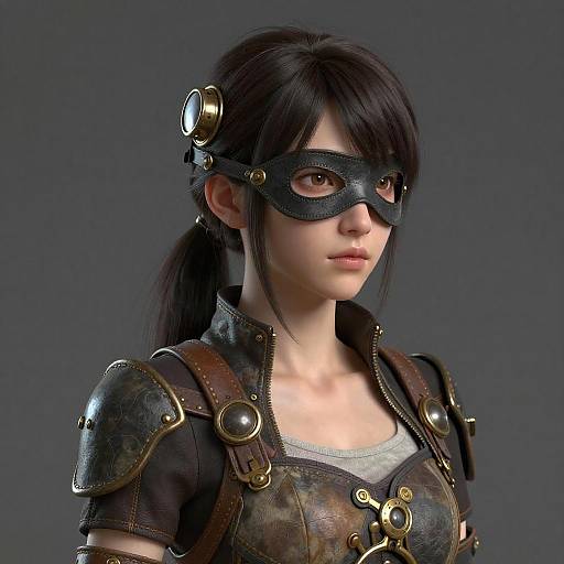 CGI portrait of a young woman with dark hair, wearing a black leather mask with brass goggles, brown leather armor, and a grey top, against