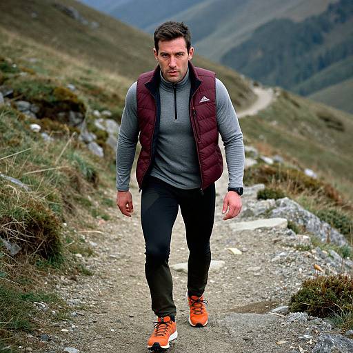 Photograph of a fit, bearded man with short brown hair, wearing a maroon puffer vest, gray hoodie, black pants, and bright