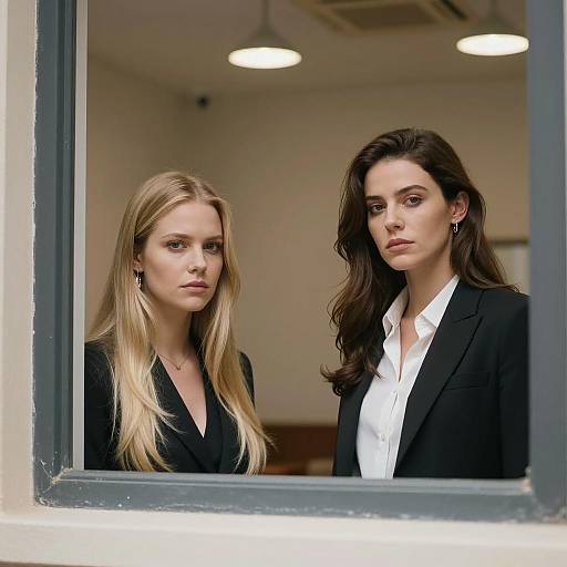 Two serious women in business attire standing by window