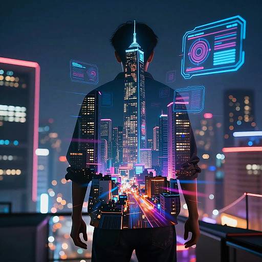 Digital art of a silhouette man, back view, with neon cityscape and holographic tech overlays, standing on rooftop at night.