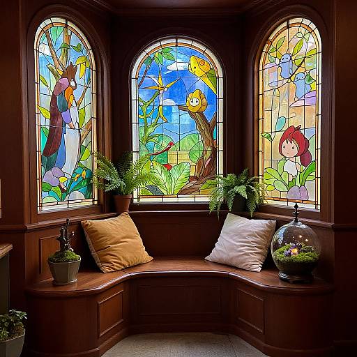 Photograph of a wooden window seat with colorful stained glass depicting children and nature, adorned with plants, cushions, and a glass vase.