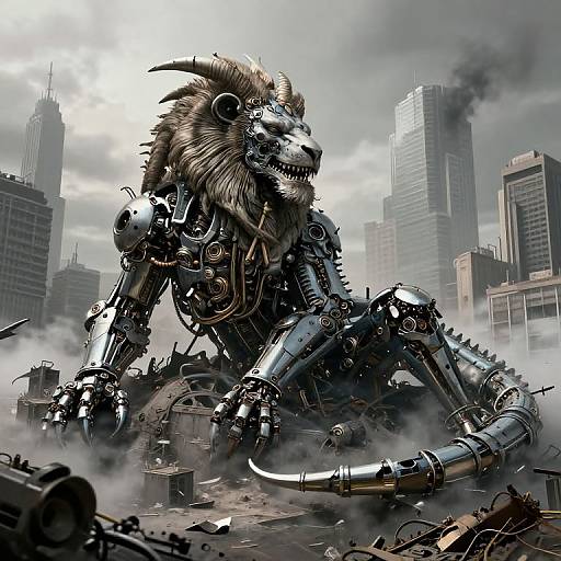 Digital artwork of a mechanical lion with metal claws and fur, destroying a smoky, ruined cityscape with towering skyscrapers.