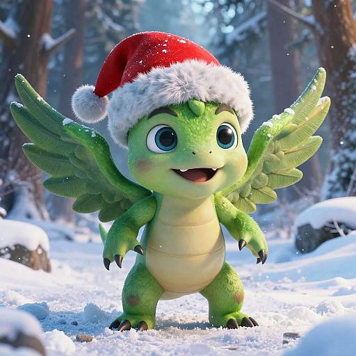 Charming Green Dragon in Winter Wonderland
