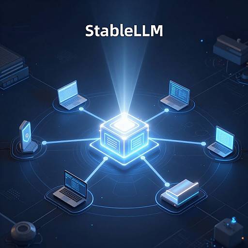 Digital illustration of six glowing blue laptops connected to a central, bright blue cube, with 