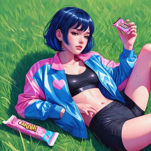 Anime Style Girl with Blue Hair Lying on Grass