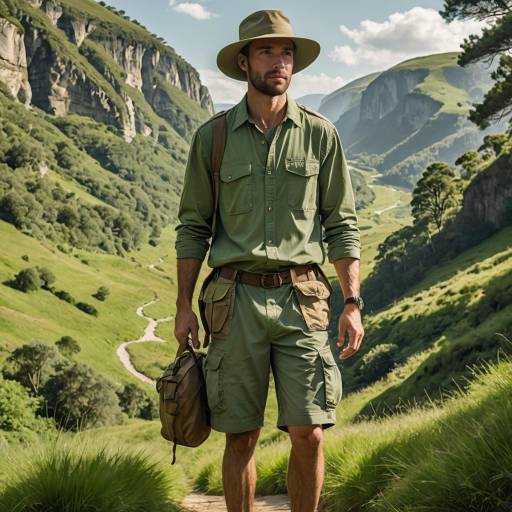 Man in Safari Outfit Hiking in Valley