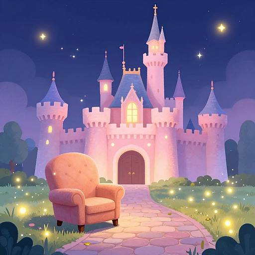Digital illustration: Pink, plush armchair on stone path leading to glowing, fairy-tale castle with turrets, under starry night sky, surrounded