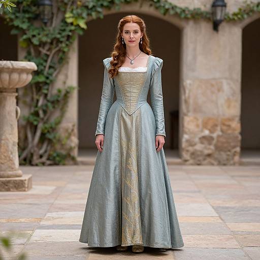 Photograph of a red-haired woman in a silver medieval-style gown with puffed sleeves, standing in a stone courtyard with ivy.