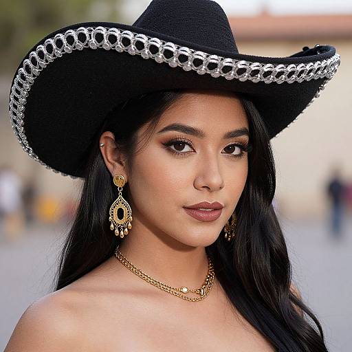 Photograph of an Asian woman with long black hair, wearing a black wide-brimmed hat with silver chain trim, gold earrings, and necklace,