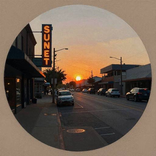 Photograph of a sunset street scene with neon 