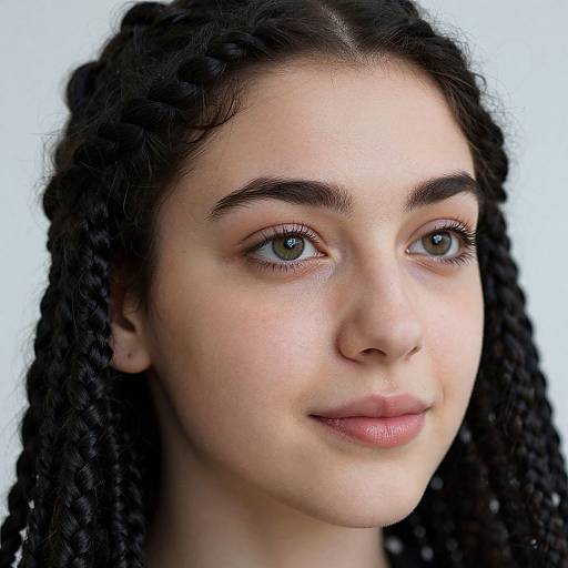 Photograph of a young woman with light skin, green eyes, and dark curly hair, smiling slightly, against a plain white background.