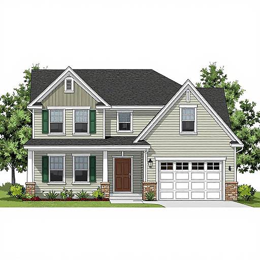 Colorful digital illustration of a two-story suburban house with beige siding, dark roof, green shutters, brick accents, and a white garage.
