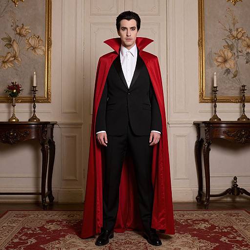 Photograph of a man with dark hair, pale skin, wearing a black suit, white shirt, and red velvet cape, standing in an elegant,