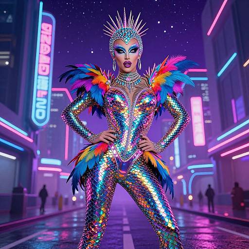 Digital art of a fierce, sparkly, neon-lit, futuristic street performer with vibrant, multicolored feathers, sequins, and a crown