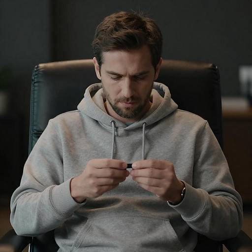 Man in Gray Hoodie Examining Small Object