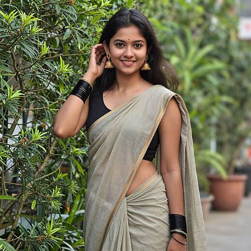 Photograph of a smiling Indian woman with long black hair, wearing a beige saree with gold trim, black crop top, and black bangles,