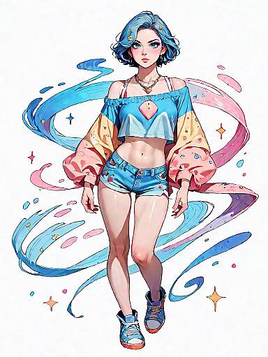 Stylish Young Woman in Summer Outfit with Colorful Swirls