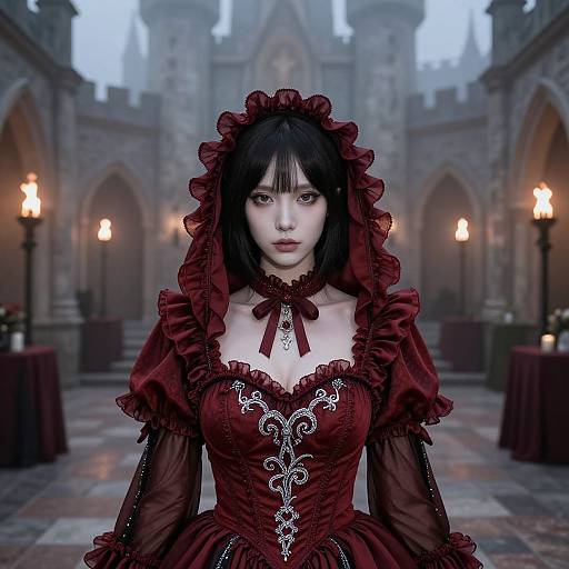 Digital artwork of a pale, gothic woman in a detailed, red, Victorian-style dress with lace and ruffles, standing in a foggy,