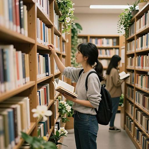 Photograph of an Asian woman with black hair in a ponytail, wearing a gray sweater and blue jeans, browsing bookshelves in a brightly lit