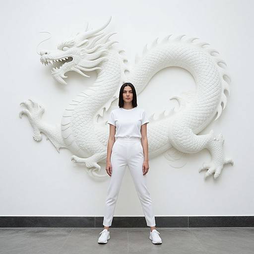 Photograph of a woman in white outfit standing in front of a white, intricately carved dragon wall mural.