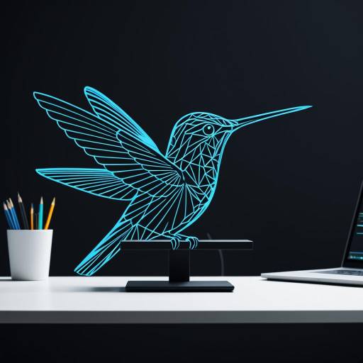Neon Blue Hummingbird Logo on Desk