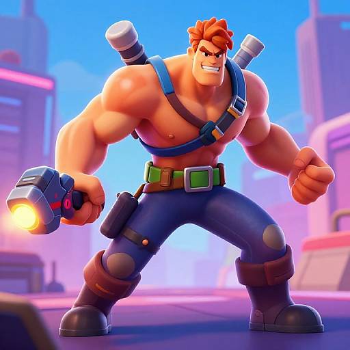 CGI image of a muscular, red-haired man with a determined expression, wearing blue pants, harness, and boots, holding a glowing hammer, set