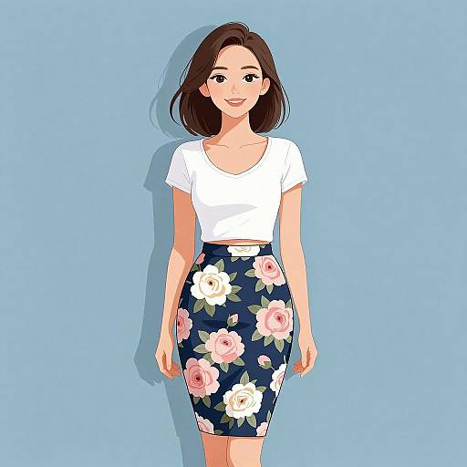 Digital illustration of a smiling woman with shoulder-length brown hair, wearing a white t-shirt and a blue floral skirt, standing against a light blue background.