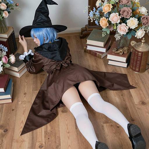 Blue-Haired Witch Cosplayer Lying Down