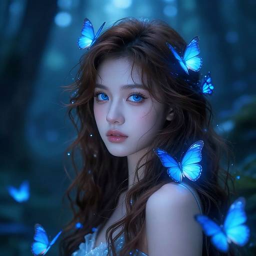 Digital art of a pale, blue-eyed young woman with wavy brown hair surrounded by glowing blue butterflies in a dark, enchanted forest.