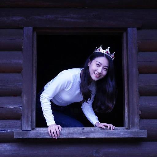 Crowned Woman Crawling on Log Cabin Window