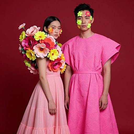 Photograph of Asian couple in vibrant pink attire, woman with large floral bouquet on back, both with flower face paint, against deep red background.