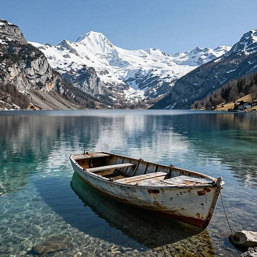 Photograph of a weathered, white wooden rowboat floating in a clear, reflective mountain lake with snow-capped peaks in the background.