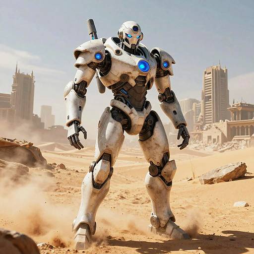CGI image of a white and black armored robot with blue glowing eyes standing in a sunlit, dusty, post-apocalyptic cityscape.