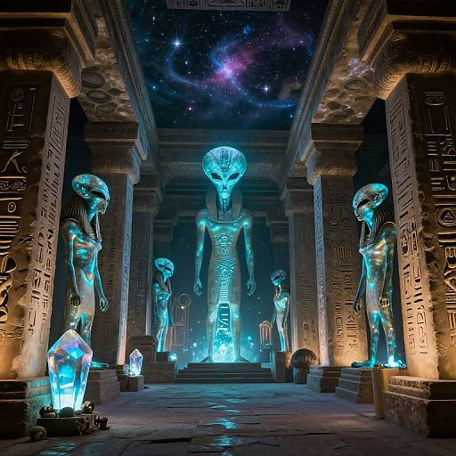 Photorealistic digital artwork of glowing blue alien statues in an ancient, starry-ceilinged temple with hieroglyphic-inscribed pillars. Eth