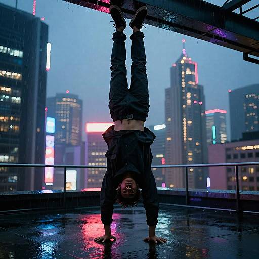 Photograph of a person in a black jacket and pants doing a handstand on a rainy city rooftop, with neon-lit skyscrapers in the