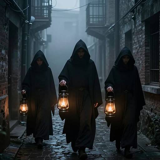 Photograph of three hooded figures in dark, medieval-style robes carrying lit lanterns, walking through a misty, narrow, cobblestone alley