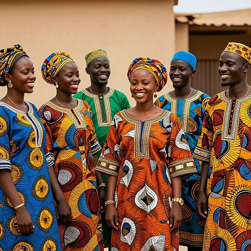 Photograph of six smiling African women in colorful, patterned African dresses and headwraps, standing outdoors against a beige wall.
