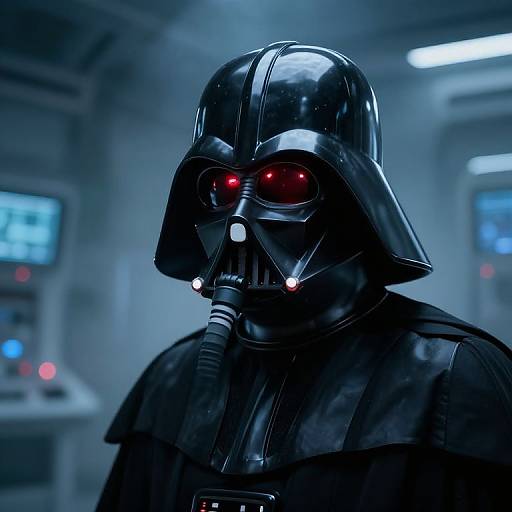 Photograph of a person in a glossy black Sith Lord costume with red eyes, gas mask, and cape, in a dimly lit, futuristic control