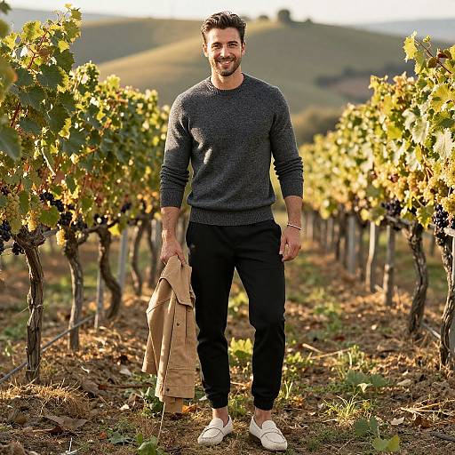 Photograph of a smiling, bearded man with short dark hair, wearing a dark gray sweater, black pants, and white shoes, holding a beige