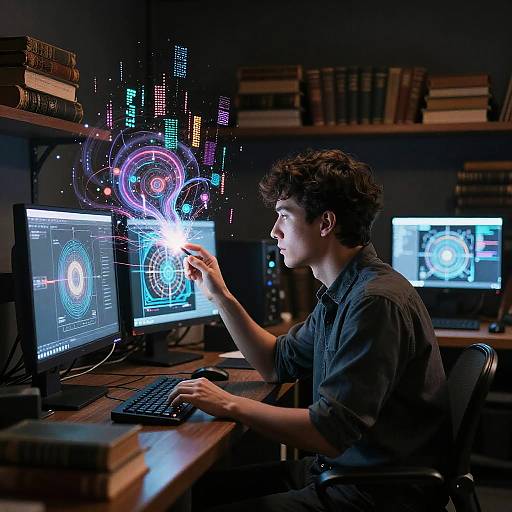 Photograph of a young man with curly hair in a dark shirt, using a computer, creating digital neon circular patterns on the screen.